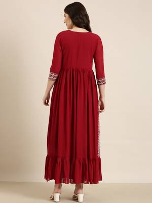 women's ankle length round neck maroon embellished anarkali kurta 5