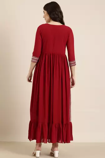 women's ankle length round neck maroon embellished anarkali kurta