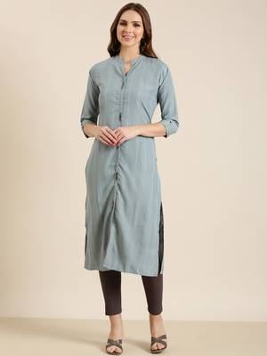 women's calf length mandarin collar grey striped straight kurta 2