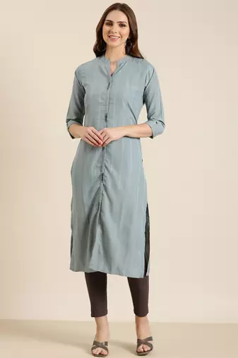 women's calf length mandarin collar grey striped straight kurta