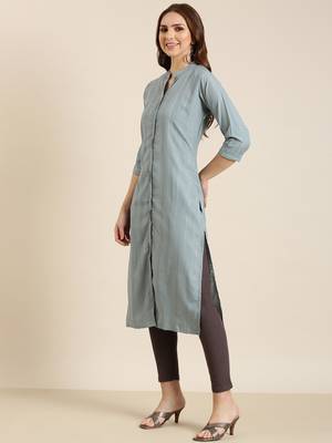 women's calf length mandarin collar grey striped straight kurta 3