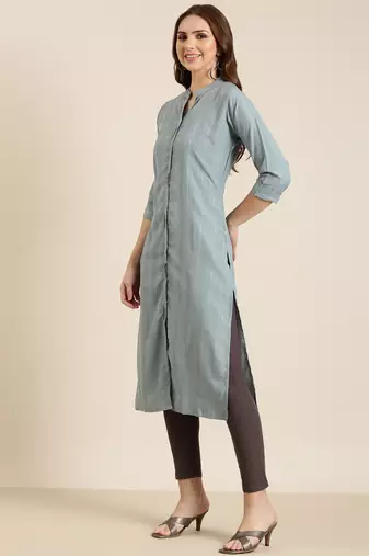 women's calf length mandarin collar grey striped straight kurta