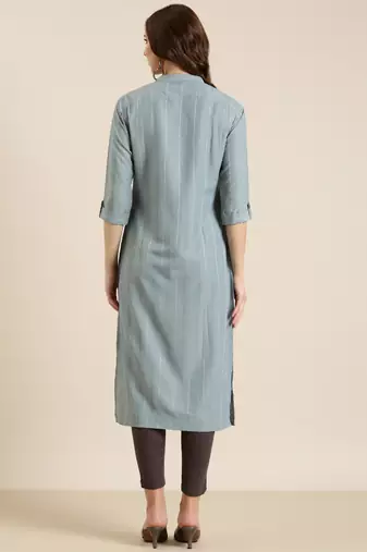 women's calf length mandarin collar grey striped straight kurta