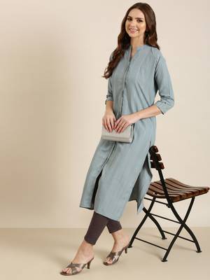women's calf length mandarin collar grey striped straight kurta 5