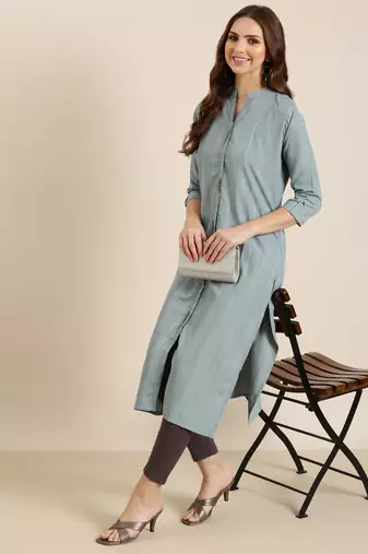 women's calf length mandarin collar grey striped straight kurta