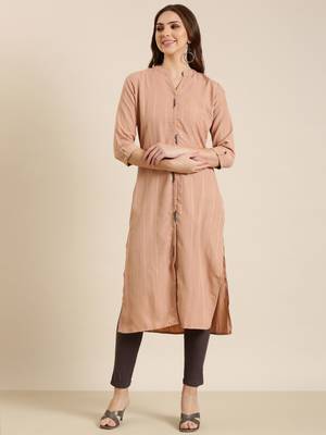 women's calf length mandarin collar peach striped straight kurta 2