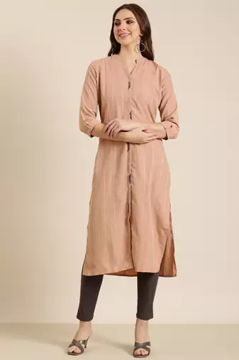 women's calf length mandarin collar peach striped straight kurta