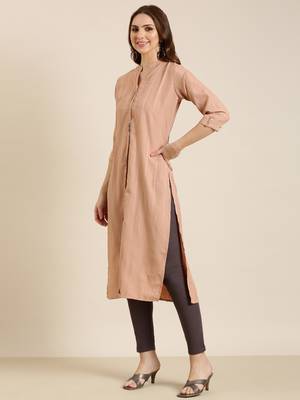 women's calf length mandarin collar peach striped straight kurta 3