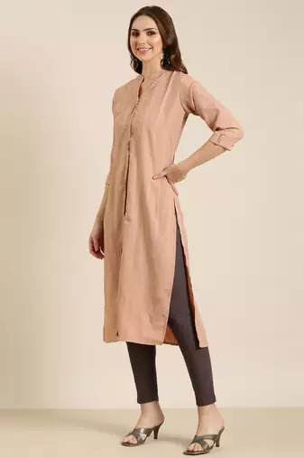 women's calf length mandarin collar peach striped straight kurta