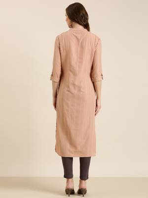 women's calf length mandarin collar peach striped straight kurta 4