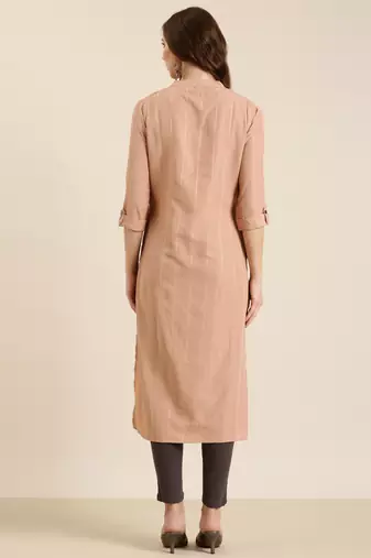women's calf length mandarin collar peach striped straight kurta