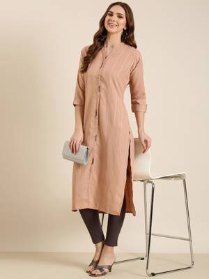 women's calf length mandarin collar peach striped straight kurta 5