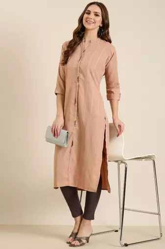 women's calf length mandarin collar peach striped straight kurta