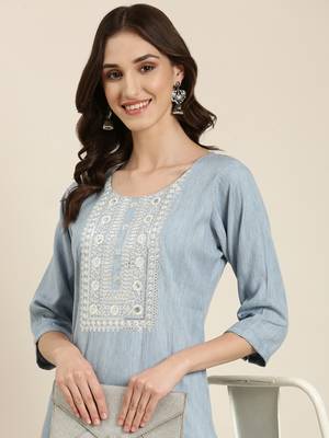 women's calf length round neck blue woven design straight kurta 1