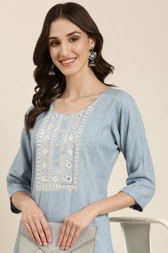 women's calf length round neck blue woven design straight kurta