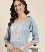 women's calf length round neck blue woven design straight kurta