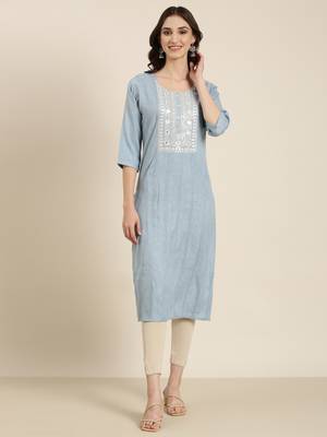 women's calf length round neck blue woven design straight kurta 2