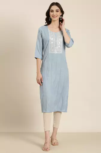 women's calf length round neck blue woven design straight kurta