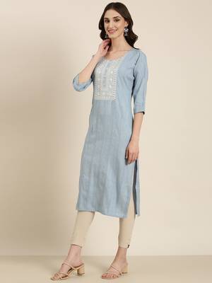 women's calf length round neck blue woven design straight kurta 5