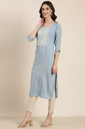 women's calf length round neck blue woven design straight kurta