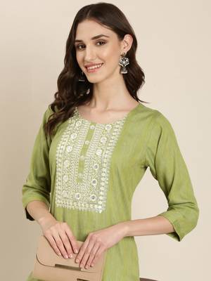 women's calf length round neck green woven design straight kurta 1