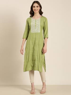 women's calf length round neck green woven design straight kurta 2