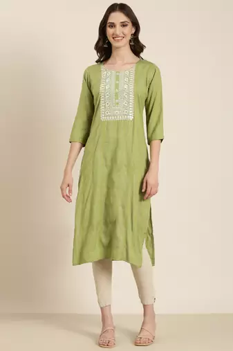 women's calf length round neck green woven design straight kurta