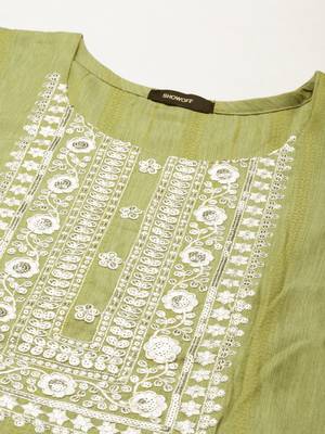 women's calf length round neck green woven design straight kurta 3
