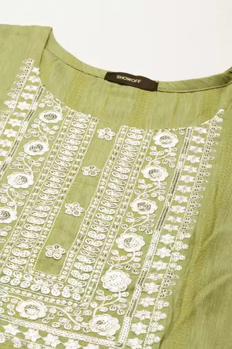 women's calf length round neck green woven design straight kurta