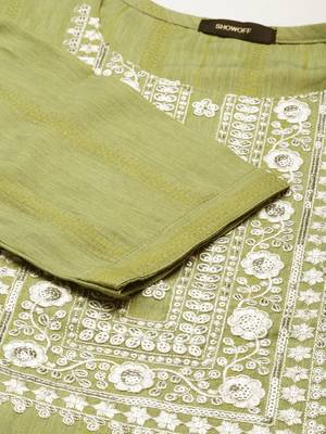 women's calf length round neck green woven design straight kurta 4