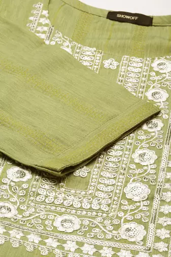 women's calf length round neck green woven design straight kurta