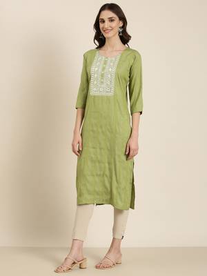 women's calf length round neck green woven design straight kurta 5