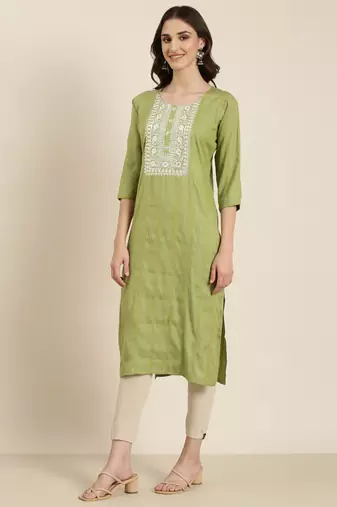 women's calf length round neck green woven design straight kurta