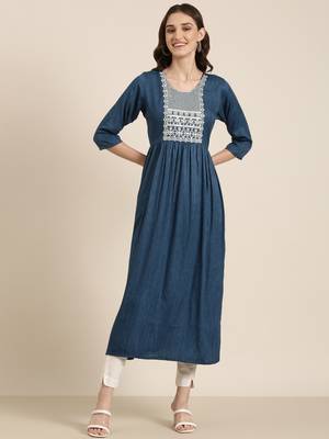 women's ankle length round neck teal solid anarkali kurta 2