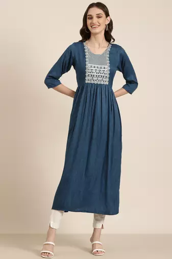 women's ankle length round neck teal solid anarkali kurta