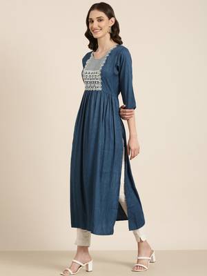 women's ankle length round neck teal solid anarkali kurta 4