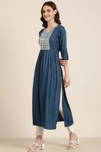women's ankle length round neck teal solid anarkali kurta