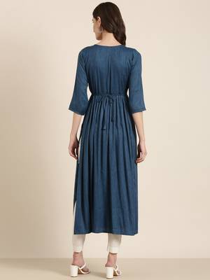 women's ankle length round neck teal solid anarkali kurta 5