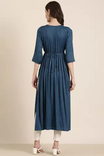 women's ankle length round neck teal solid anarkali kurta