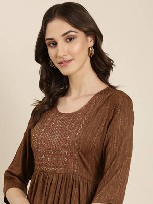 women's calf length round neck coffee brown woven design straight kurta 1
