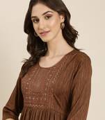 women's calf length round neck coffee brown woven design straight kurta