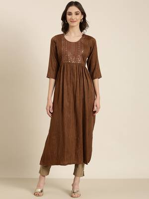 women's calf length round neck coffee brown woven design straight kurta 2