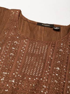 women's calf length round neck coffee brown woven design straight kurta 3