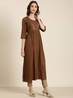 women's calf length round neck coffee brown woven design straight kurta 4