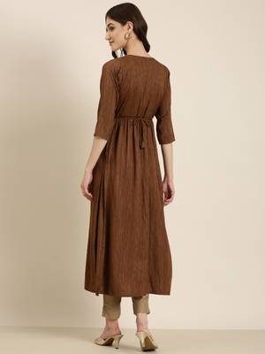 women's calf length round neck coffee brown woven design straight kurta 5