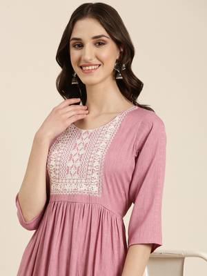 women's calf length round neck pink woven design anarkali kurta 1