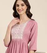 women's calf length round neck pink woven design anarkali kurta