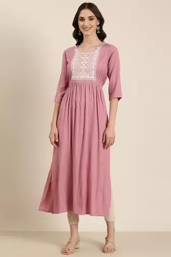 women's calf length round neck pink woven design anarkali kurta