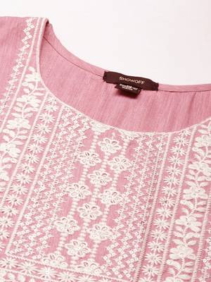 women's calf length round neck pink woven design anarkali kurta 3