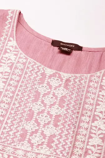 women's calf length round neck pink woven design anarkali kurta
